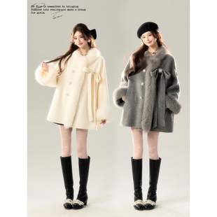 白色灰色毛呢短款 雪国千金真狐狸毛羊毛 原创设计 外套 BLUE