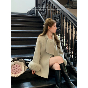 杨小卷大衣优雅贵气千金设计感翻领中长款双面呢外套风衣女小个子