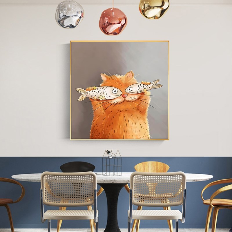 猫咪餐厅背景墙挂画饭厅装饰画现代风格厨房壁画温馨治愈系正方形图片