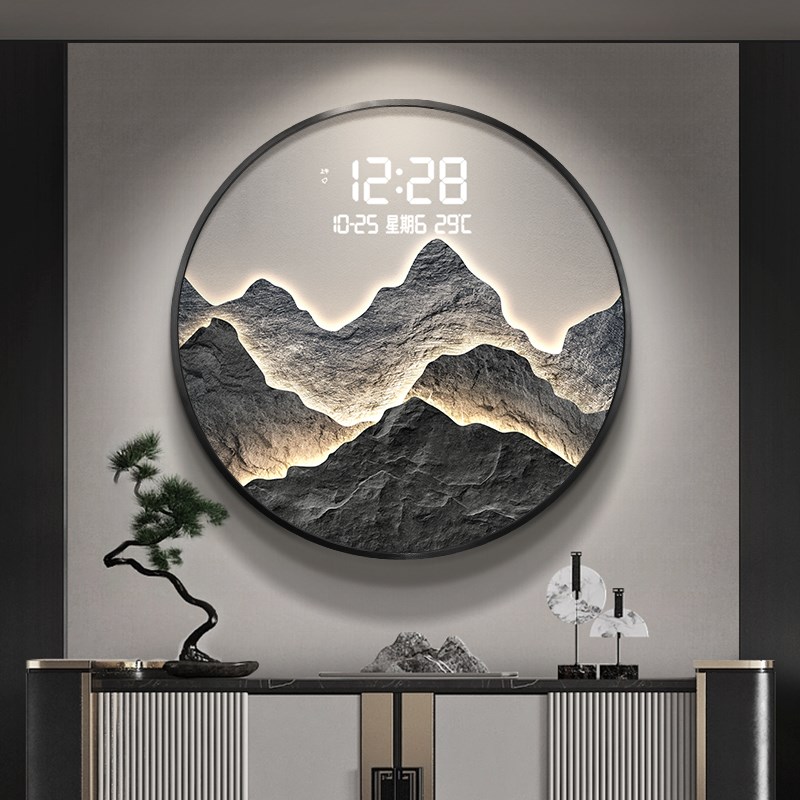 背有靠山新中式玄关装饰画轻奢高级感入户门挂画圆形电子钟表壁画