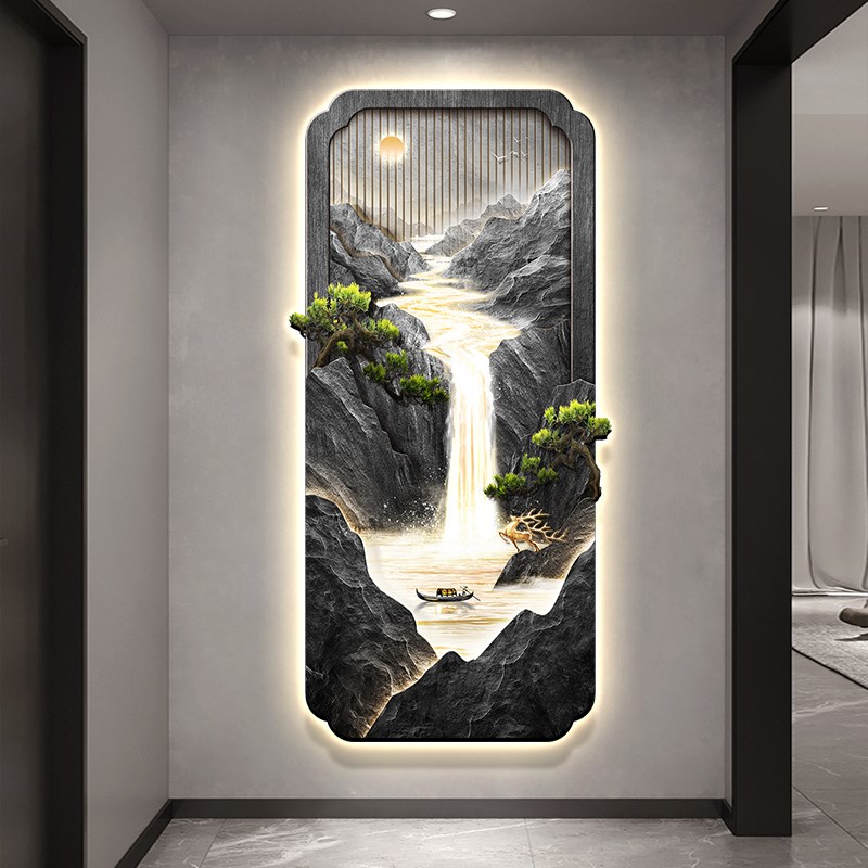 新中式流水生财玄关装饰画高级感山水画入户门迎客松走廊过道挂画