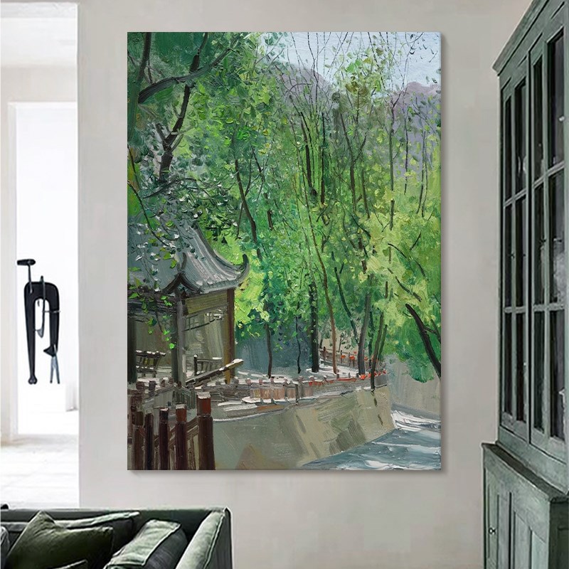 抽象绿色树林风景纯手绘油画竖版客厅肌理装饰画印象派玄关挂画图片