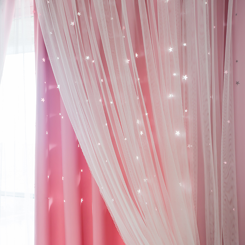 公主风飘窗窗帘遮光卧室免打孔安装伸缩杆子粉色儿童房间布纱一体
