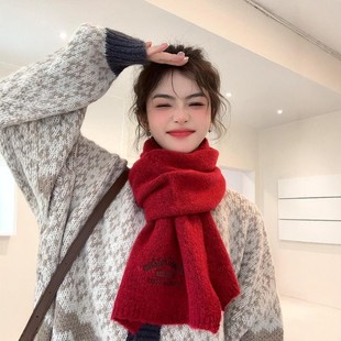 含羊毛线围巾冬季女生过新年本命红色韩版百搭圣诞围脖保暖高级感