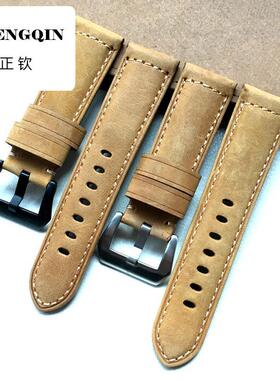 适用24mm 26mm手工土黄色真皮表带代用沛纳海 386 44mm 47mm 表径
