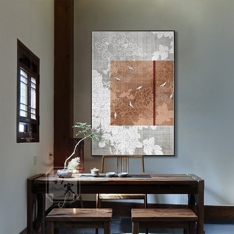 新中式茶室卧室玄关客厅装饰画抽象牡丹花朵仙鹤禅意壁画竖版挂画图片