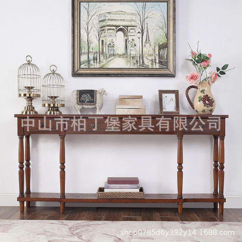 美式入户玄关台彩绘客厅条案台实木靠墙极窄玄关桌家用供桌置物架