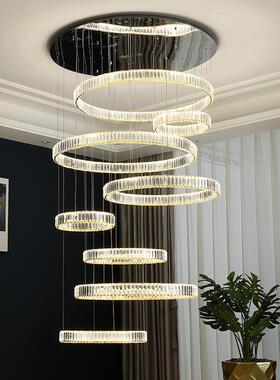 后现代楼梯水晶长吊灯旋转环形led不锈钢l复式楼大吊灯网红别墅灯