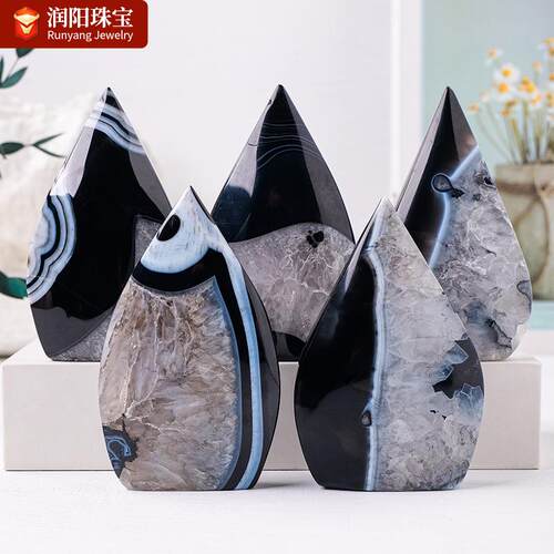 天然水晶黑玛瑙晶洞火苗摆件原石打磨水晶工艺品家居装饰火炬摆件