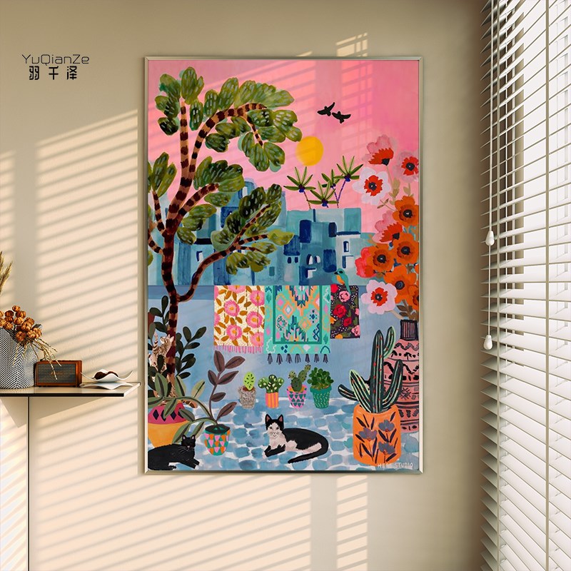 现代简约抽象猫咪客厅装饰画植物花卉进门玄关壁画走廊楼梯间挂画图片