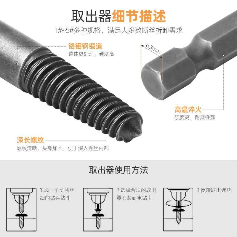 速发断丝取出器螺丝取出器六角柄电动取出工具断头螺丝取断丝神器