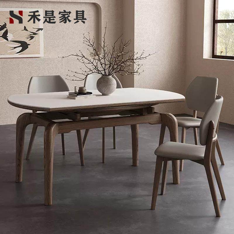 现代轻奢小户型餐厅方变圆多功能跳台餐桌实木岩板伸缩餐桌椅组合