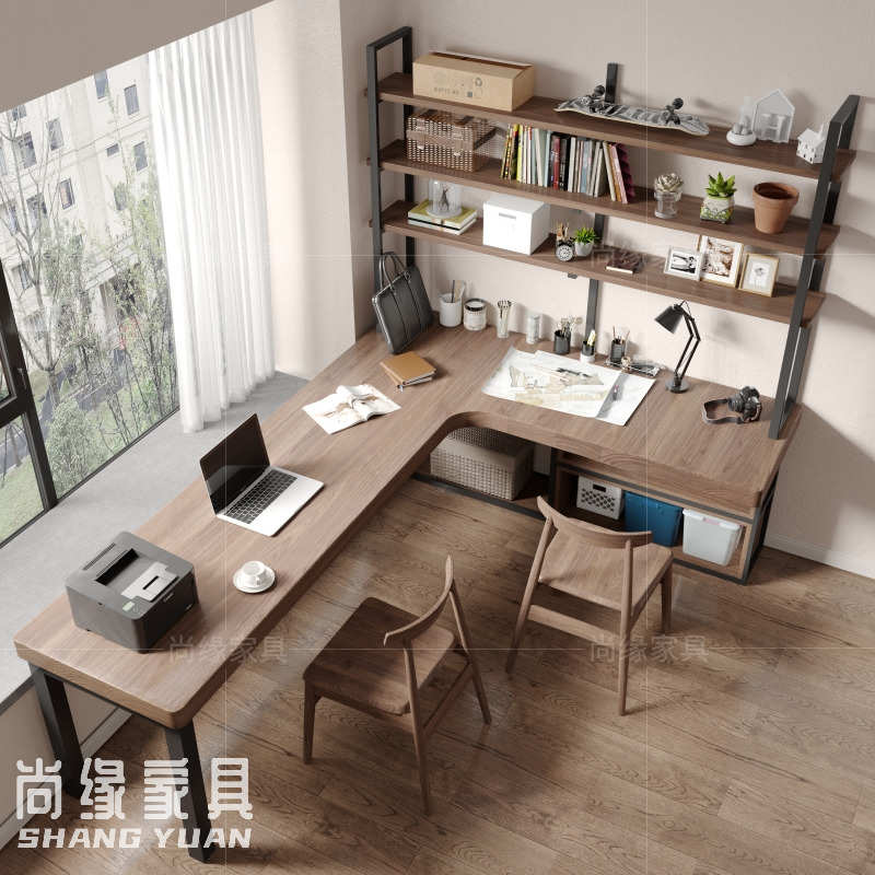 实木转角书桌书架组合 家用拐角办公桌书房双人l型电脑桌书柜一体
