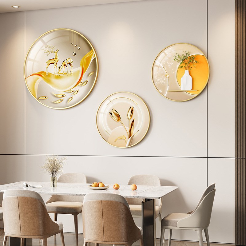 现代风餐厅晶瓷装饰画组合挂画轻奢背景圆形画墙面餐桌墙面饰品画图片