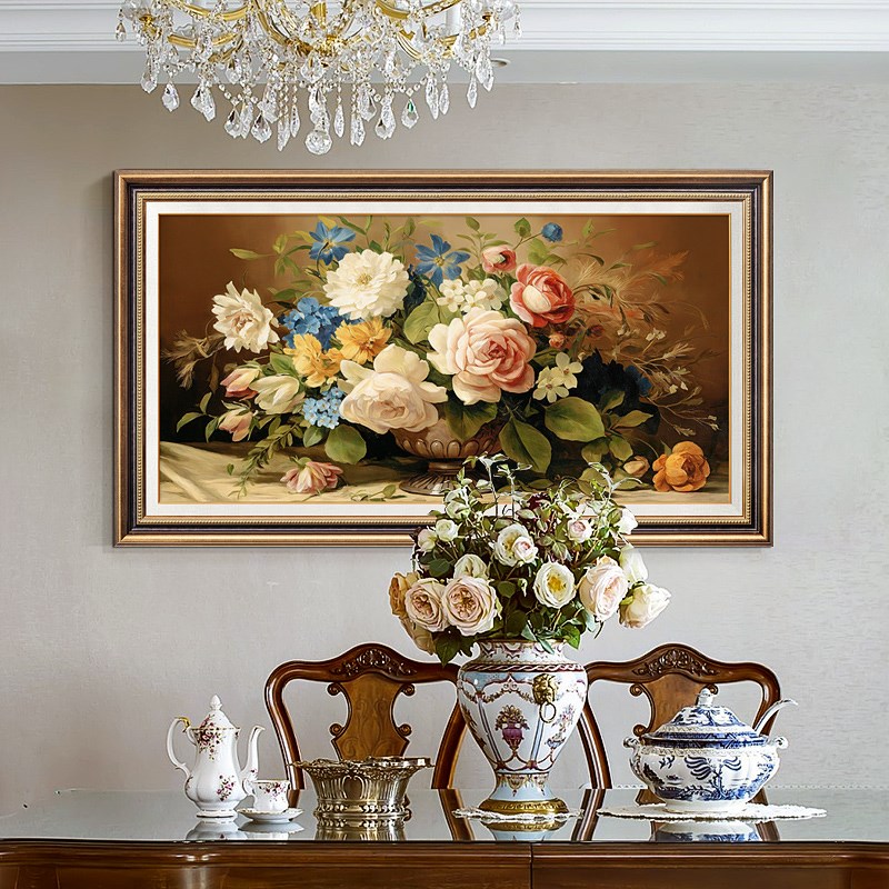 欧式壁画客厅装饰画沙发背景墙轻奢卧室床头挂画美式花卉风景油画图片