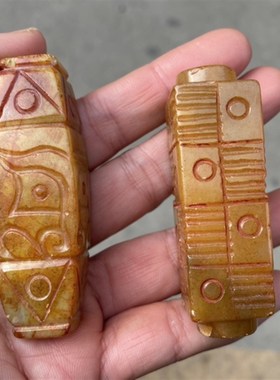 战汉明清老玉琮管手把件兽面纹玉琮挂件雕花天珠勒子