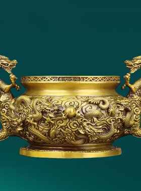 纯黄铜香炉九龙摆件居家用客厅熏炉室内中式佛堂祠堂供养开业送礼