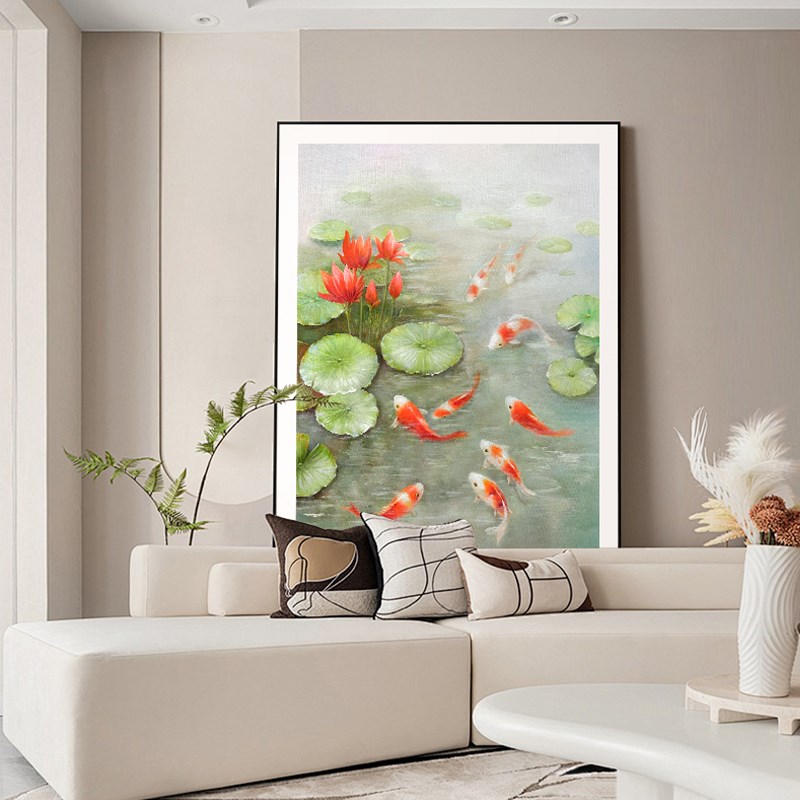 荷花九鱼图手绘油画客厅入户壁画新中式玄关柜挂画定制餐厅装饰画图片