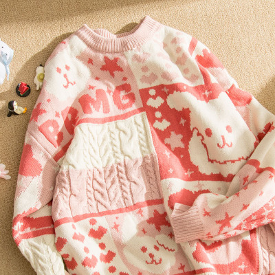 卡通情侣毛衣男女冬季慵懒风高级感痞帅宽松加厚青少年针织衫外套