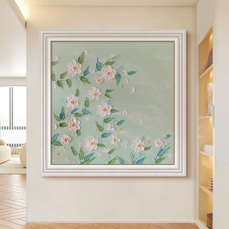 奶油风立体花卉客厅装饰画法式植物白色花朵肌理手绘油画玄关挂画图片
