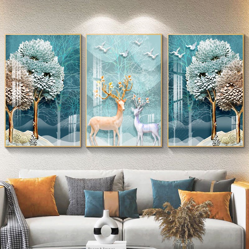 客厅装饰画现代简约沙发背景墙挂画时尚轻奢北欧风晶瓷镶钻三联画图片