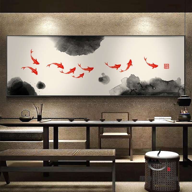 中式九鱼茶室装饰画横幅水墨客厅沙发背景墙挂画禅意卧室床头壁画图片
