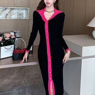 针织连衣裙女秋冬设计感修身显瘦减龄法式挂脖气质长款毛衣打底裙