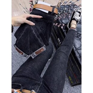 秋冬高腰小脚牛仔裤女装胖mm大码弹力修身紧身卷边显瘦九分铅笔裤
