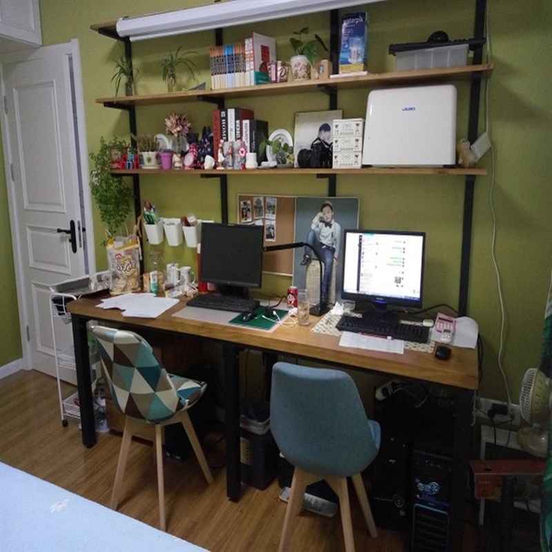 loft实木书桌书架组合家用铁艺上墙书架办公桌简约现代双人电脑桌