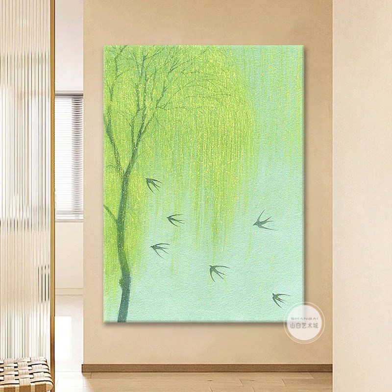 莫奈湖边柳树燕子手绘油画小清新治愈系客厅装饰画奶油风玄关挂画图片