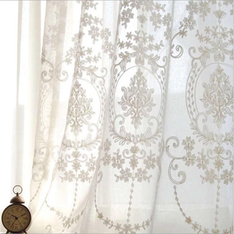 刺绣布料窗帘高档纱成品绣花亚麻白色棉麻卧室棉麻欧式窗纱定制