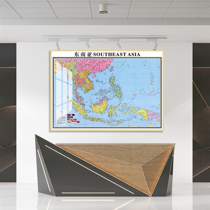 东南亚地图中英文版带框装饰画办公室挂画可定制图钉标记高清挂图