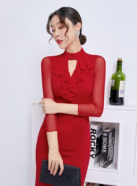 长袖晚礼服长款宴会高贵优雅新娘显瘦敬酒服连衣裙高腰礼服红色女