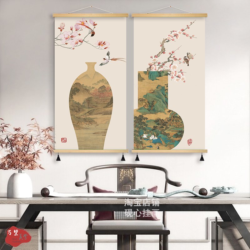 新中式葫芦花瓶玄关禅意装饰画走廊过道花鸟背景壁画书房布艺挂画图片