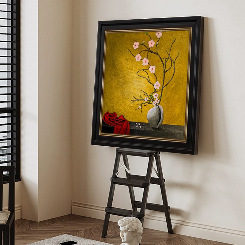 中古风静物纯手绘油画卧室装饰画花卉客厅肌理玄关过道挂画背景墙图片