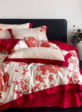 现代风婚庆大红色结婚喜庆床品高端陪嫁喜被纯棉长绒棉四件套家纺