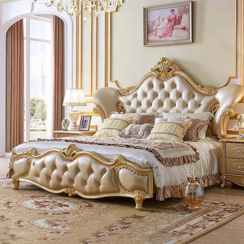 主卧床欧式床双人床奢华1.8米香槟金法式真皮实木婚床橡木公主床