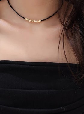 黑尖晶项链轻奢小众高级感气质黑色颈链法式简约碎银子锁骨链短款