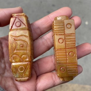 战汉明清老玉琮管手把件兽面纹玉琮挂件雕花天珠勒子