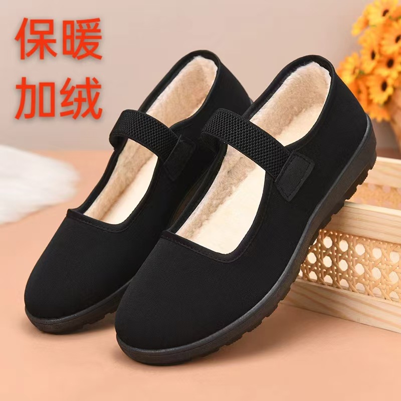 冬季女士加绒一脚蹬妈妈上班鞋平底防滑加厚保暖中巾女鞋爆款