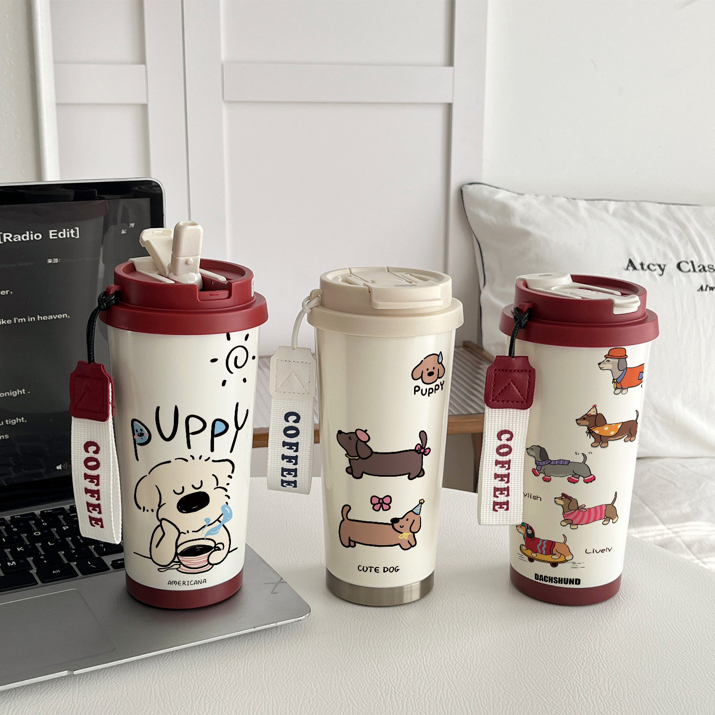 可爱线条小狗咖啡保温杯316不锈钢大容量高颜值腊肠狗水杯女学生