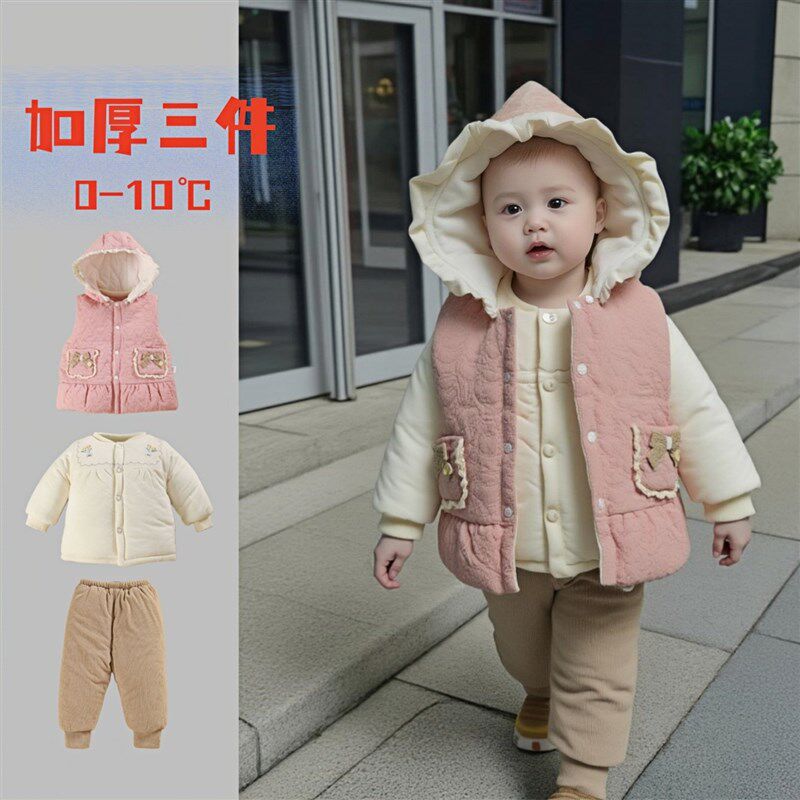 分体款婴儿衣服冬季加厚棉服袄三件套装洋气童0一1岁女宝宝秋冬装