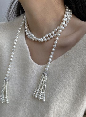 网红欧阳流苏珍珠长款项链女法式新中式国风斜跨秋冬毛衣链腰链潮