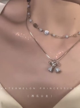 夏日破冰蓝双层叠戴项链女夏天蓝色清新锁骨链海边度假饰品潮