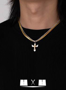 小众设计项链男女高街双蛇骨链救赎之翼十字架吊坠锁骨链个性配饰