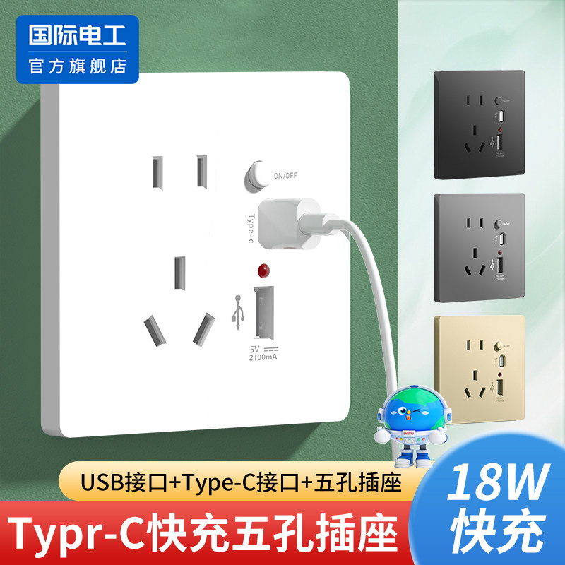 国际电工86型USB-C五孔暗装插座图片