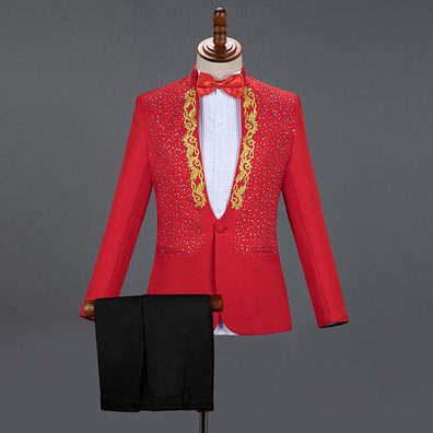 舞台成人男士西服套装演出服礼服大合唱亮片立领主持人服装男歌手