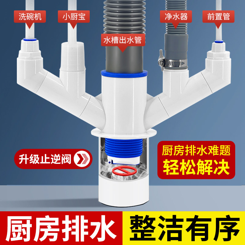 厨房下水管三头通洗菜盆下水道水槽五通排水防返臭神器多功能接头,家装主材,其它卫浴配件,淘宝优惠券,粉丝福利购,淘宝优惠卷