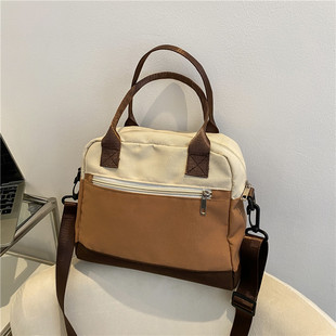 流行质感百搭撞色帆布包包女2022新款潮大容量学生上课包单肩女包