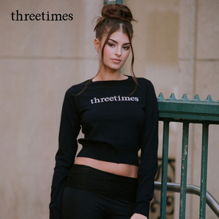 threetimes2025秋冬女士黑色针织衫毛衣修身短款长袖收腰内搭上衣
